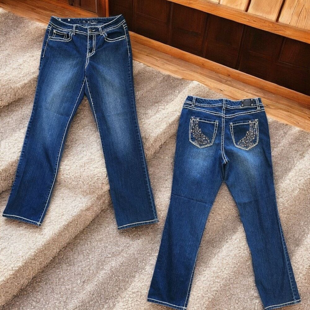 Hydraulic Embroidered Rhinestone Pocket Bootcut Jeans Women's Size 8 Y2K